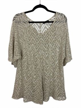 Brittany Black Woman 3X Beige Open Knit Crochet Tunic Sweater Boho Cover Up